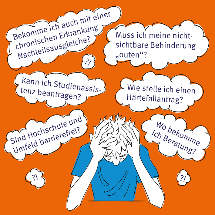 Ein Bild mit einer Person. Über hier Gedanken-Wolken, mit offenen Fragen zum Thema studieren mit Behinderung/ chronischer Erkrankung.