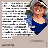 Portrait von Susanne Rafael. Daneben ihr Zitat.