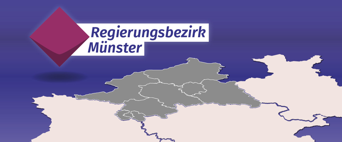 Ausschnit der Karte von NRW insbesondere der Regierungsbezirk Münster ist farblich hervorgehoben