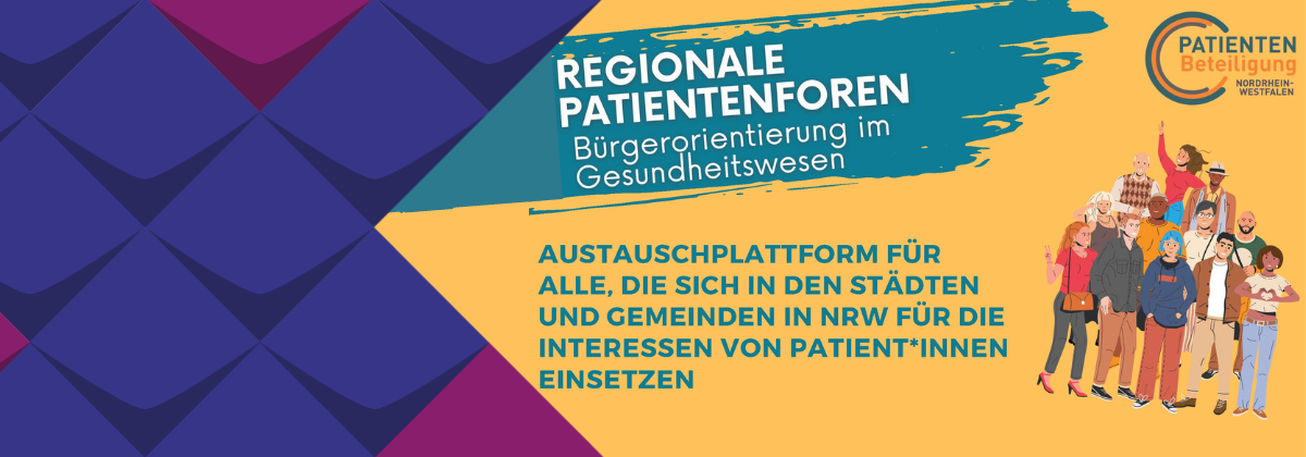 Ausschnitt des Einladungsflyers der regionalen Patientenforen. Text: Regionale Patientenforen, Bürgerorientierung im Gesundheitswesen. Austauschplattform für alle, die sich in den Städten und Gemeinden für die Interessen von Patient:innen einsetzen. 