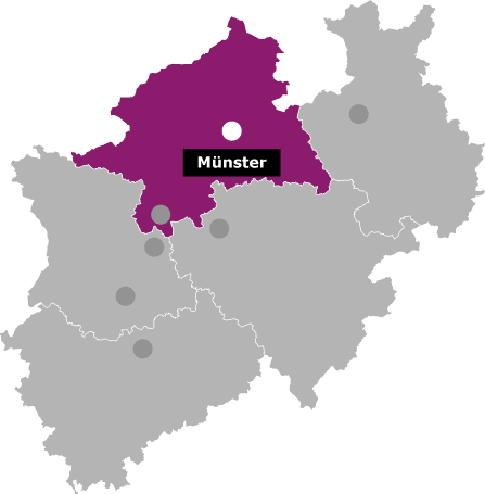 Karte des Bundeslandes Nordrhein-Westfalen. Hervorgehoben ist der Regierungsbezirk Münster. Die Stadt Münster ist durch einen Punkt markiert.