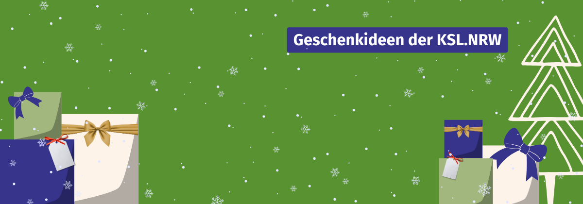 Auf grünem Hintergrund sind Geschenke und ein Weihnachtsbaum im Comic-Stil abgebildet. Text: Geschenkideen der KSL.NRW
