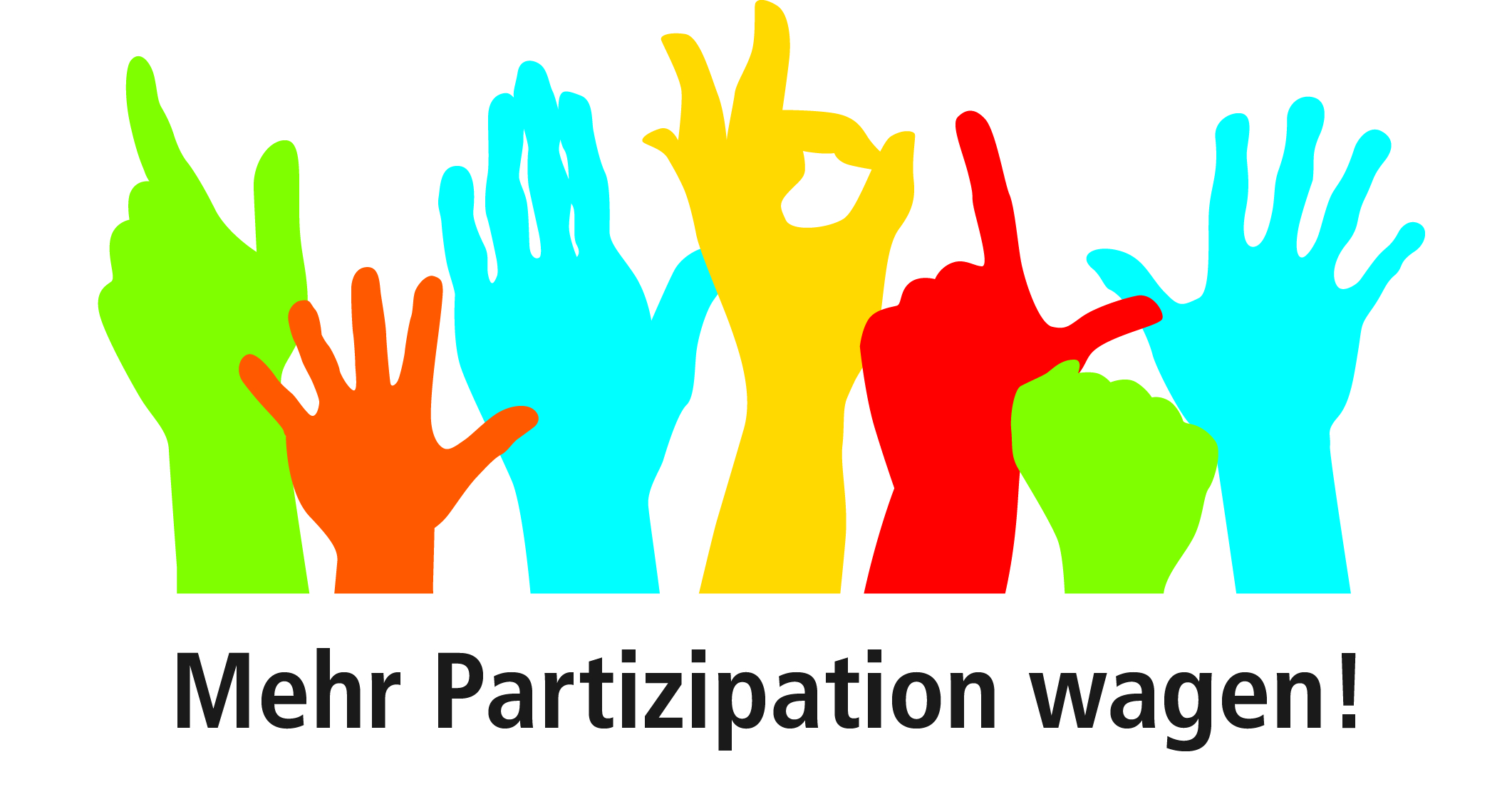 Logo des Projektes "Mehr Partizipation wagen!" - Mehrere bunte Hände in unetrscheidlichen Formen über dem schwarzen Schriftzug Mehr partizipation wagen!