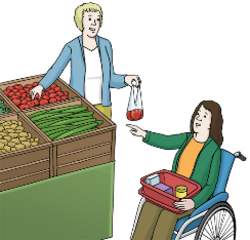 Eine Person reicht einer Anderen im Rollstuhl am Obst und Gemüsestand etwasan.