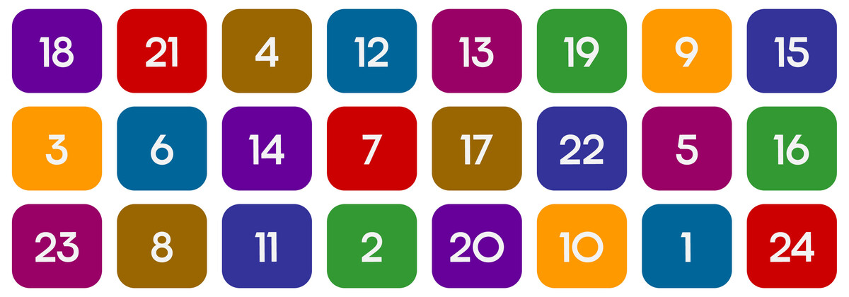 Adventskalender mit 24 bunten Feldern in acht Farben