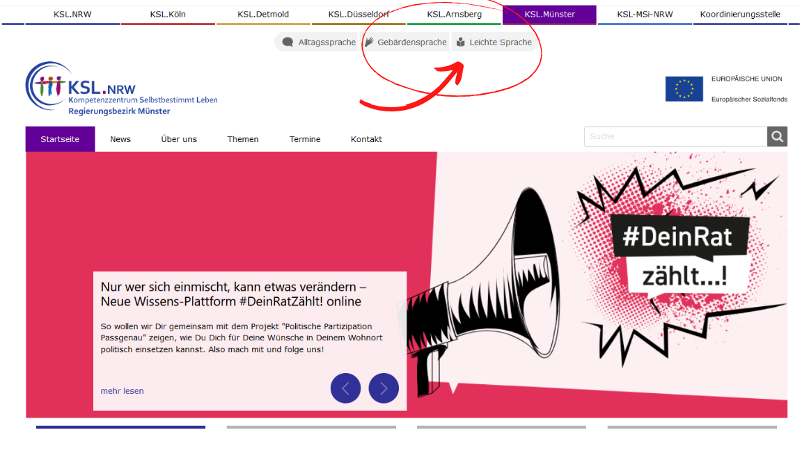 Bildschirmfoto von der Startseite der Internetseite des KSL Münster. Oben ist der Optionsbereich Alltagssprache / Gebärdensprache / Leichte Sprache markiert