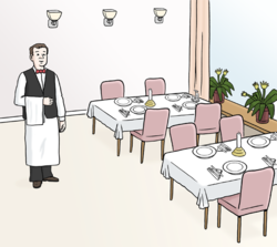 Ein Speiseraum mit gedeckten Tischen. Ein Kellner wartet auf Gäste.