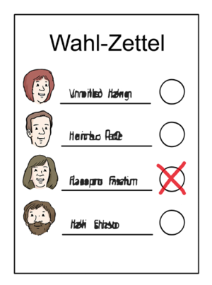 Hier ist ein Wahlzettel abgebildet. 4 Menschen möchten gewählt werden.