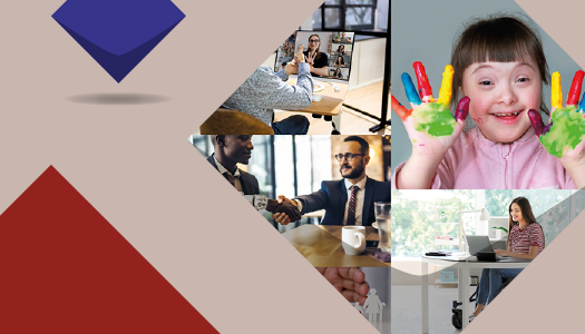 eine Rote kachel und Titelbilder vom Teilhabebericht (Eine person vor einem Videocall, ein Kind mit bunten Fingern, eine junge Frau am Schreibtisch, zwei Geschäftsmänner am Tisch)