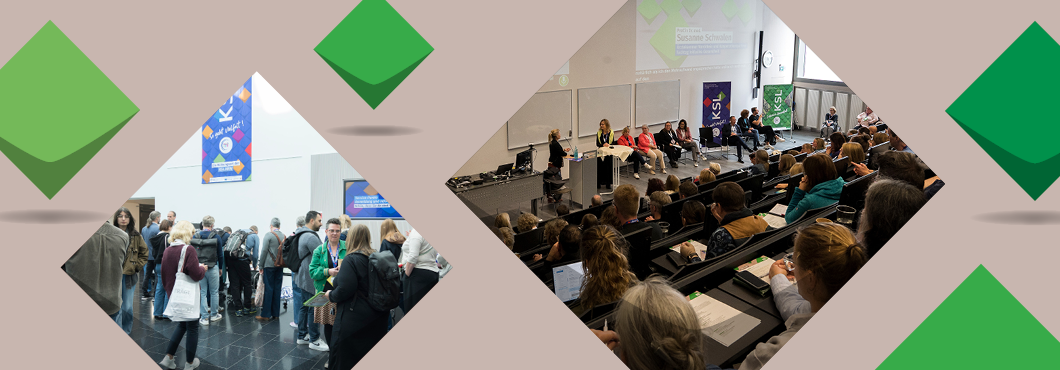 grüne Kacheln der KSL und auf den Anmeldebereich einer KSL-Veranstaltuing und ein Blick auf das Publikum in einem Hörsaal