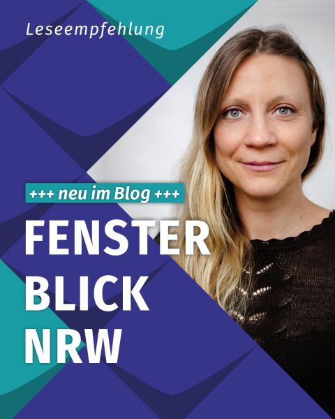 Ein Foto von einer jungen Frau mit Schulterlangen Haaren neben vielen blauen und einigen hellgrünen Kachel-Elementen der KSL