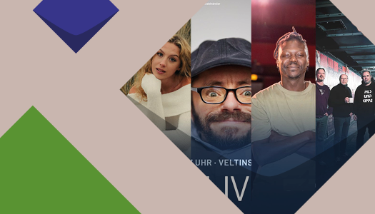 Eine braune Kachel und eine Montage aus Fotos von Künstler*innenportraits von Molly Sue, Dodzi Dougban, Raul Krauthausen, Band Pils und Kippe.