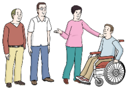Vier Personen unterhalten sich. Drei stehen zusammen mit einer im Rollstuhl.