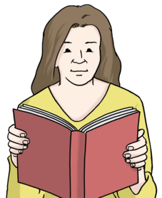 Auf dem Bild sieht man eine Frau mit braunen langen Haaren. Die Frau trägt einen gelben Pullover und hält ein rotes Buch in beiden Händen. Die Frau hält das offengeschlagene Buch vor sich. Sie schaut in das Buch.