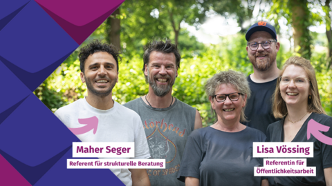 Das Team des KSL.Münster steht nebeneinander und lacht freundlich. Von links: Maher Seger, Oliver Schneider, Anke Schwarte, Tomik Leusbrock und Lisa Vössing. Auf Maher Seger und Lisa Vössing zeigt ein Pfeil.