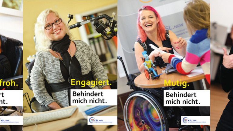 Gezeigt werden die vier Postkartenmotive der neuen Fotokampagne der KSL NRW "Behindert micht nicht". Auf jeder Karte werden lebensfrohe, engagierte, mutige, tatkräftige Frauen (mit Behinderung) abgebildet.