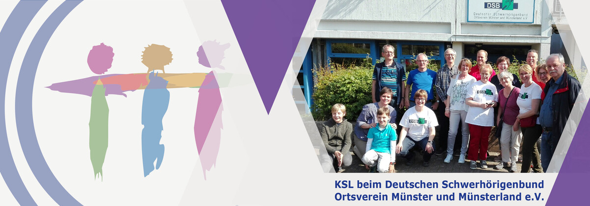 Besuch beim Deutschen Schwerhörigenbund Ortsverein Münster und Münsterland e.V. Eine Grafik mit dem KSL-Logo (links) und ein Bild (rechts) mit Teilnehmenden der Veranstaltung.