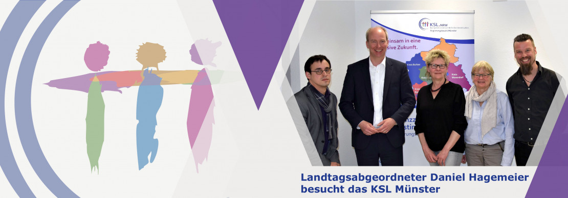 Landtagsabgeordneter Daniel Hagemeier besucht das KSL Münster Eine Grafik mit dem KSL-Logo links und ein Bild rechts mit Daniel Hagemeier und Teilnehmenden der Gesprächsrunde.