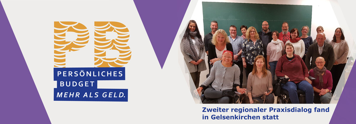 Mehr Persönliches Budget nutzen – Zweiter regionaler Praxisdialog fand in Gelsenkirchen statt Eine Grafik mit dem Logo der Kampagne "Persönliches Budget - Mehr als Geld" (links) und ein Bild (rechts) mit Teilnehmenden des Praxisdialogs Südwest in Gelsenkirchen.