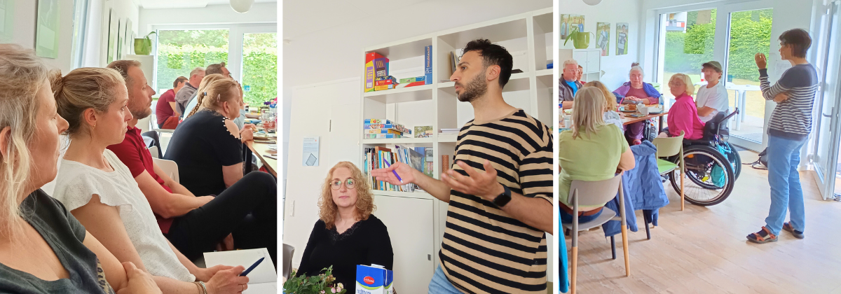 Eine Collage aus drei Fotos. Das Bild links zeigt eine Gruppe von Teilnehmenden, die interessiert zuhören. Das Bild in der Mitte zeigt den Referenten Maher Seger, Das Bild rechts zeigt die Referentin Martina Steinke und Teilnehmende des Vernetzungstreffens.