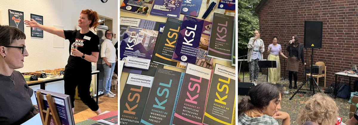 Das Bild ist eine Collage aus drei Fotos. Das Bild links zeigt Mareike Götzinger von den Naturfreunden bei ihrer Begrüßung. Das Bild in der Mitte zeigt die Broschüren der KSL. Das Bild rechts zeigt die Band Müde-Augen-Kollektiv.