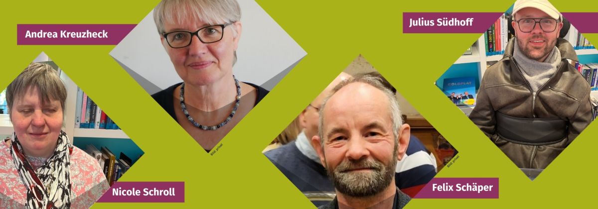 Portraits der weiteren vier Lesenden: Nicole Schroll, Andrea Kreuzheck, Felix Schäper und Julius Südhoff