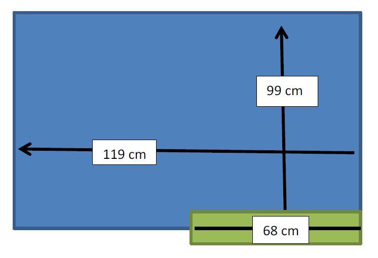 Eine Grafik des Aufzugs mit Maßen in cm im Gebäude des KSL.Münster. Türbreite: 68 cm, Breite des Aufzugs: 119 cm. Tiefe des Aufzugs: 99 cm.