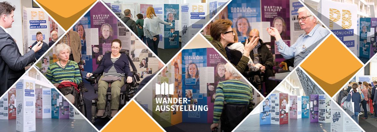 Fotocollage aus Bildern von: Aufbau der Ausstellung, Fachtag PB, Diskussionen vor der Ausstellung, Personen die die Ausstellung betrachten