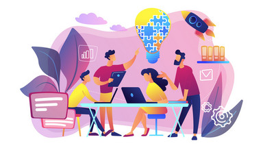 Grafik: Mehrere Personen an einem Tisch mit Laptops, die über Ideen diskutieren. Mehrere Personen an einem Tisch mit Laptops, die über Ideen diskutieren.