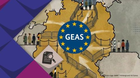 Stilisierte politische Karte Deutschlands. Um die Karte herum sind mehrere Personen an den Grenzen dargestellt sowie gebogene Pfeile, die den Austausch zwischen den europäischen Ländern symbolisieren. Auf der Karte sind Schranken und Zäune abgebildet, die die Hürden der Reform symbolisieren. In der Mitte der Grafik ist das Symbol der EU abgebildet: Ein dunkelblauer Kreis mit 12 goldenen Sternen am inneren Rand. In der Mitte des Kreises steht GEAS.