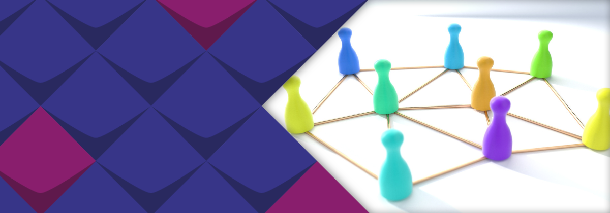 Bunte Spiefiguren stehen auf den Knotenpunkten eines Netzwerks