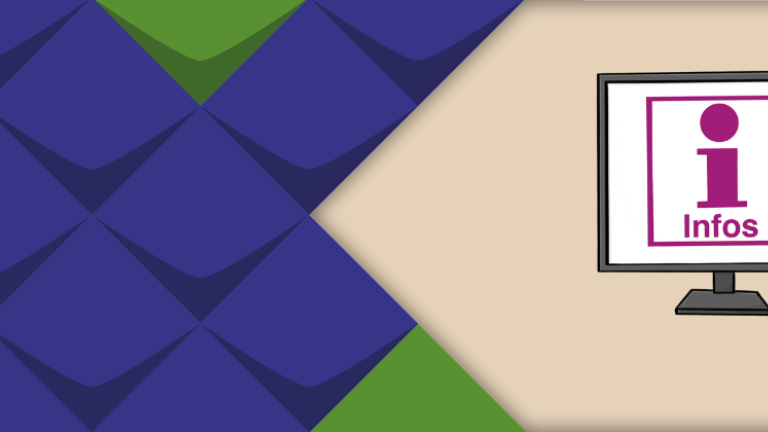 Das Bild ist ein Bild für Leichte Sprache von Inga Kramer. Das Bild einen Computerbildschirm mit dem Symbol für Info. Das Infosymbol wird angeklickt.