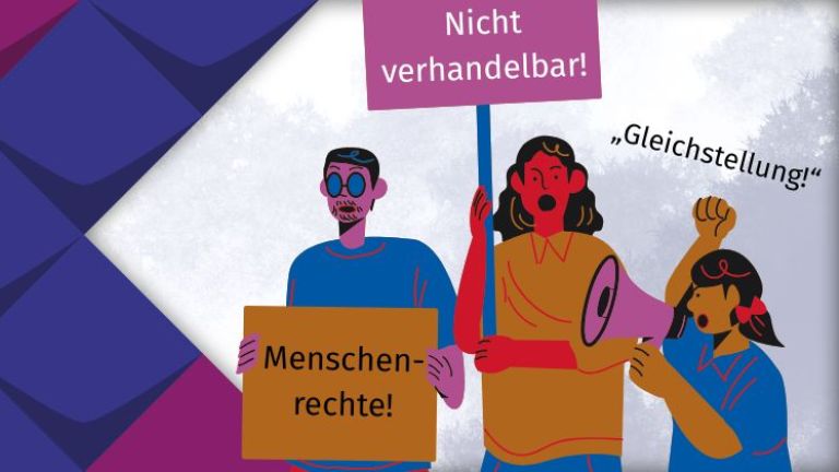 Grafik von drei protestierenden Personen. Auf ihren Plakaten steht "Menschenrechte", "Nicht verhandelbar" und "Gleichstellung" 
