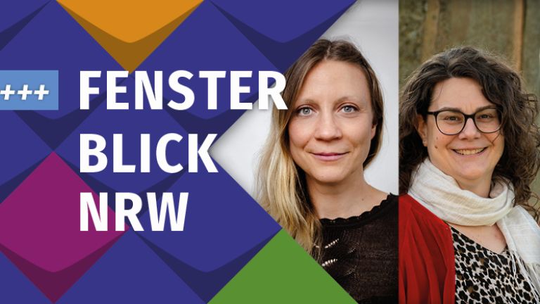 Stilelemente der KSL.NRW mit Fotos von Malin Butschkau, eine junge lächelnde Frau mit langem blonden Haar und Lena Butschkau, eine Frau mit dunklem Haar und dunkler Brille. Beide lächeln. 